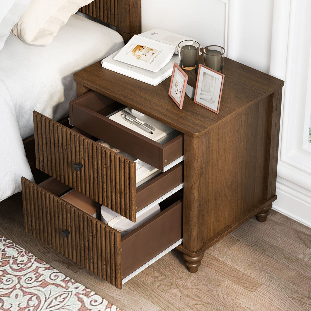 Modern Fluted Nightstand with 3 Drawers - Dark Brown or Light Brown