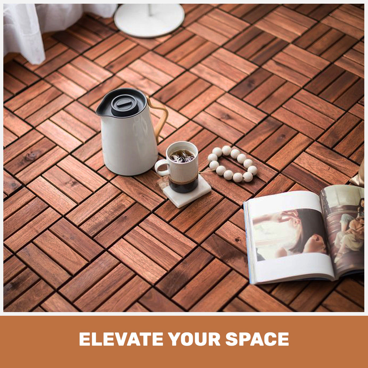 Acacia Wood Interlocking Deck Tiles with Checker Pattern - 20-Piece Set