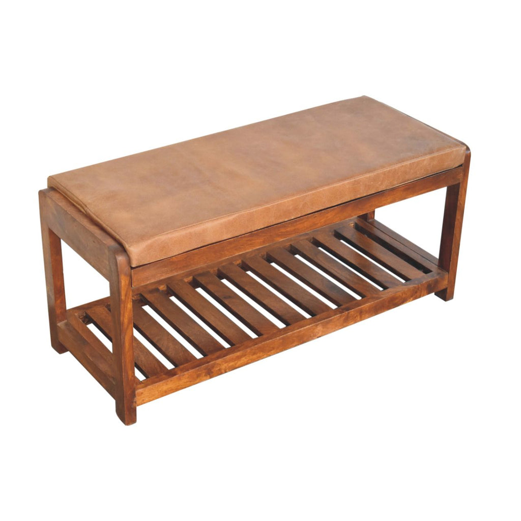 Solid Wood Slatted Bench with Leather Upholstery and Open Storage - Chestnut