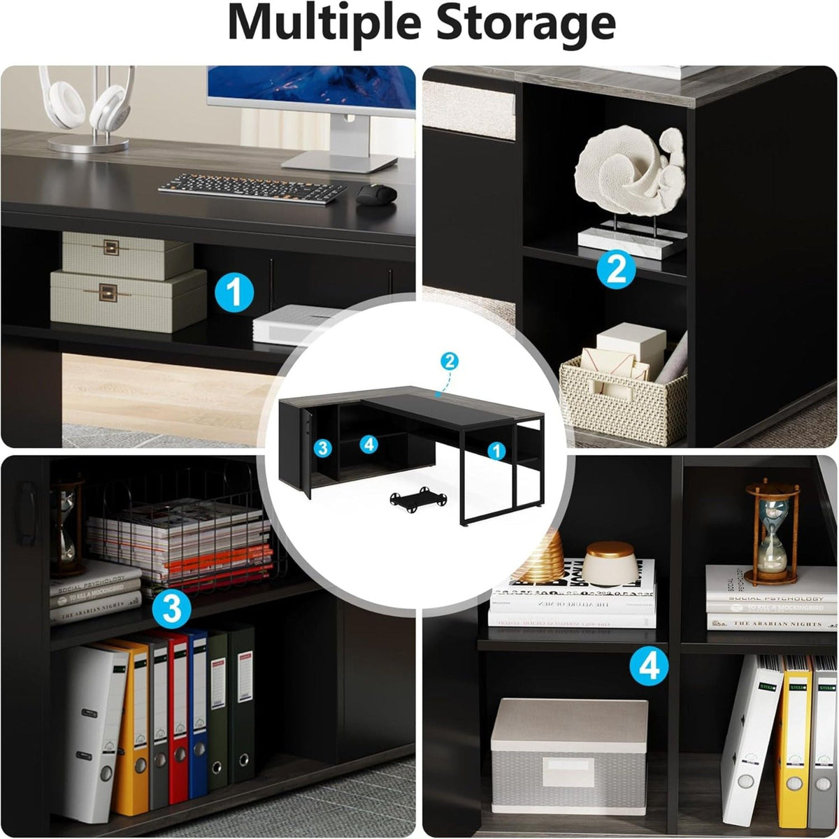 L-Shaped Executive Desk with Cabinet Storage - Dark Gray or Black