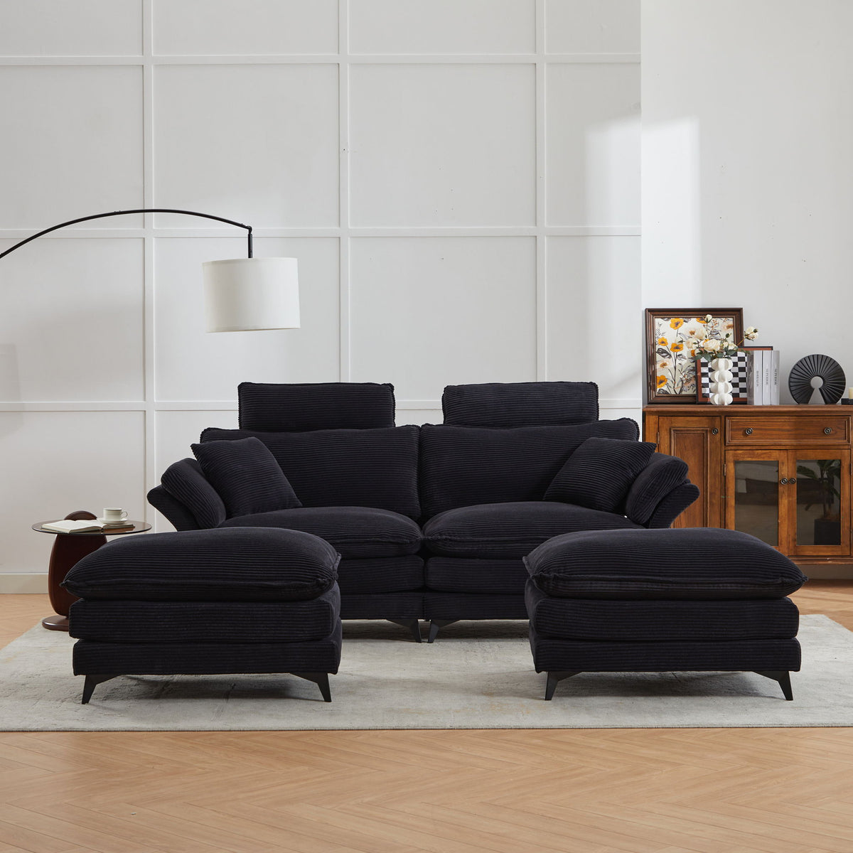 Modern Deep Seat Sectional Sofa with Ottoman - Corduroy - Black or Beige