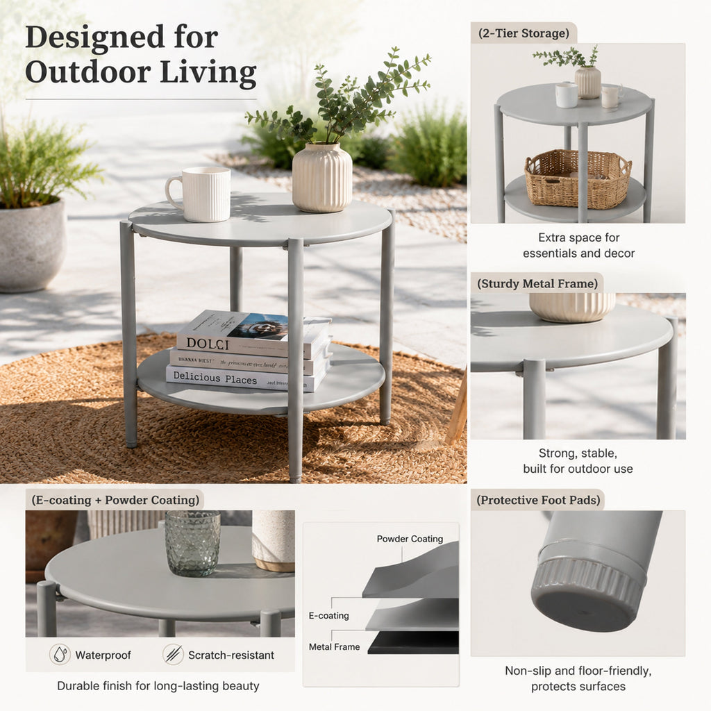 Metal Round Side Table with 2-Tier Storage - Grey