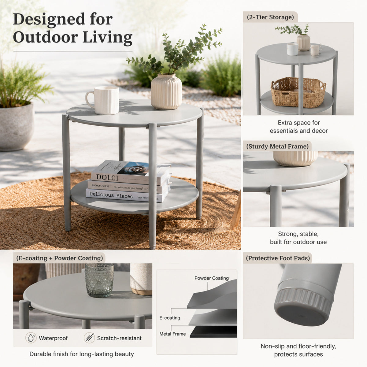 Metal Round Side Table with 2-Tier Storage - Grey