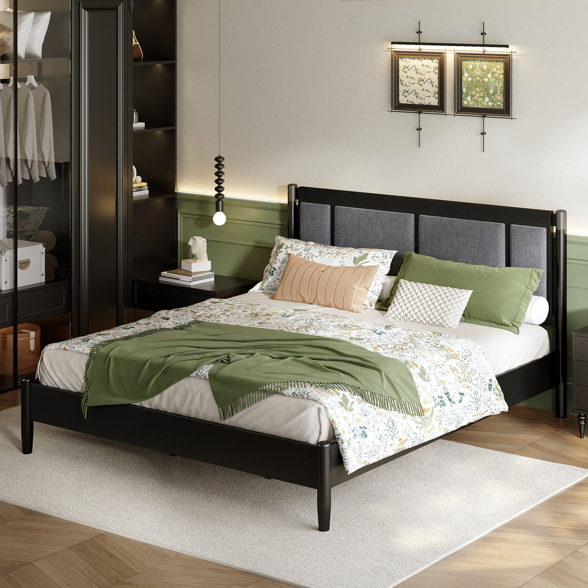 Solid Wood King Bed Frame with Heavy Duty Support - Black/Dark Grey or Grey/Light Grey