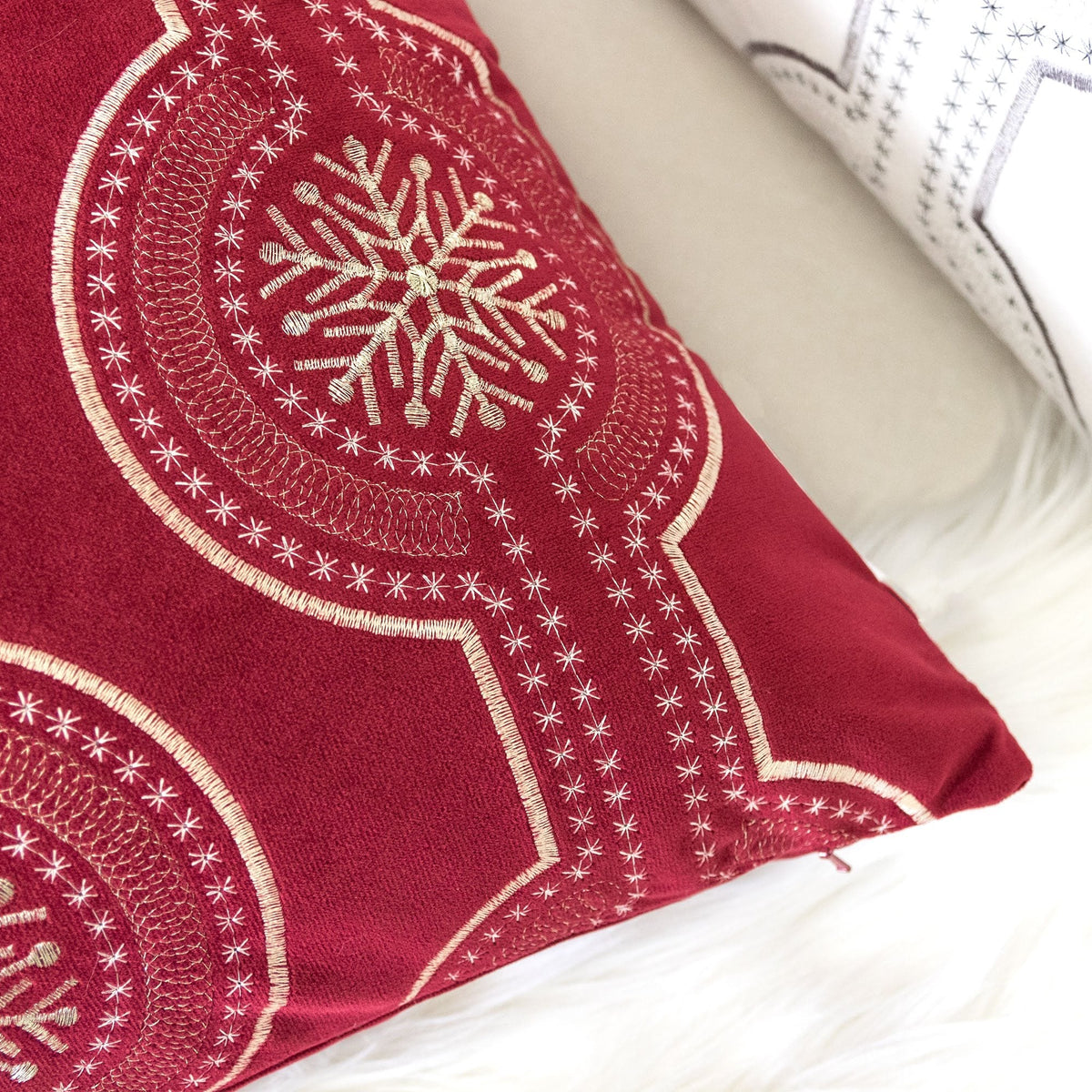 Red Holiday Embroidered Velvet Throw Pillow Set with Insert - Red