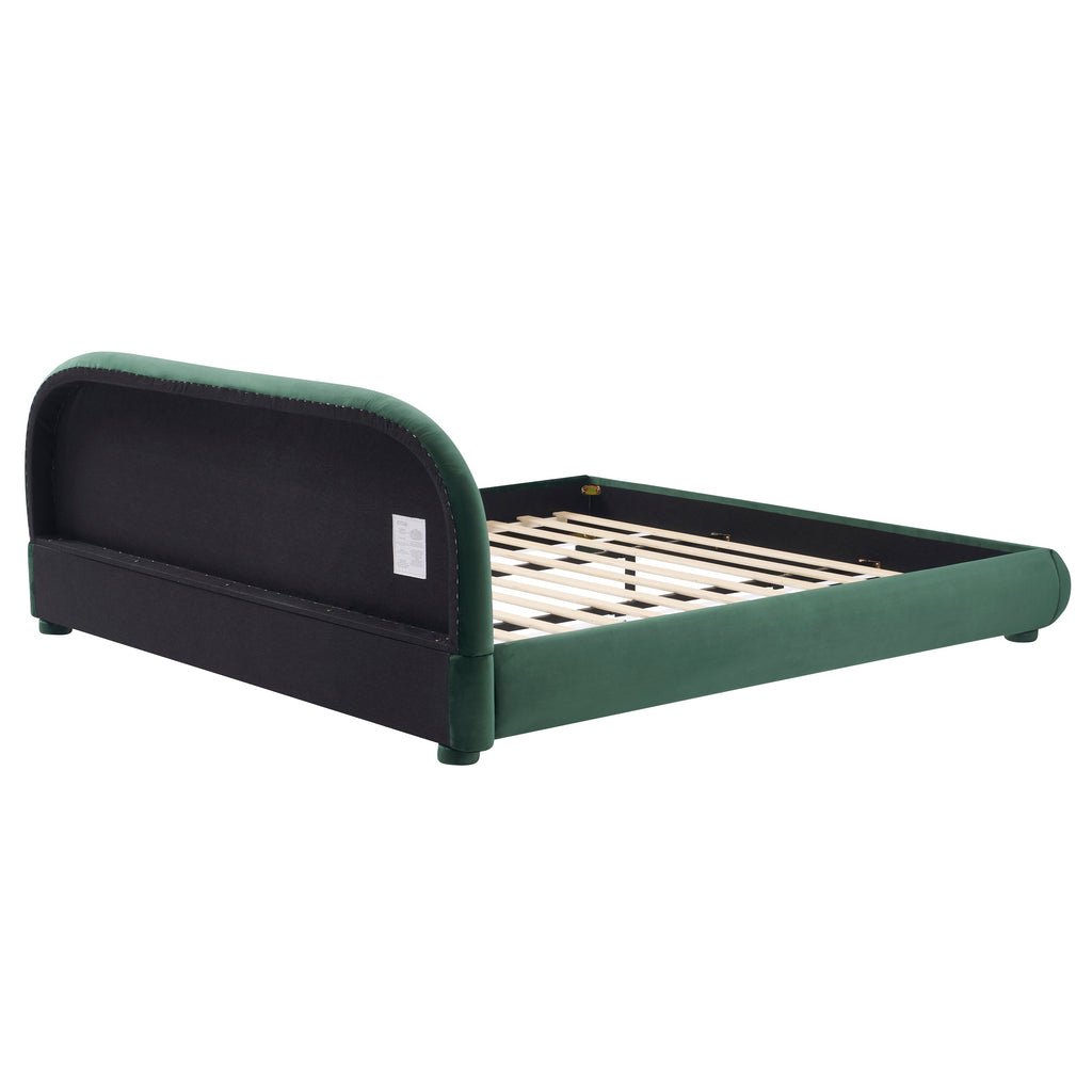 Dark Green Velvet Bed Frame with Curved Headboard - Green