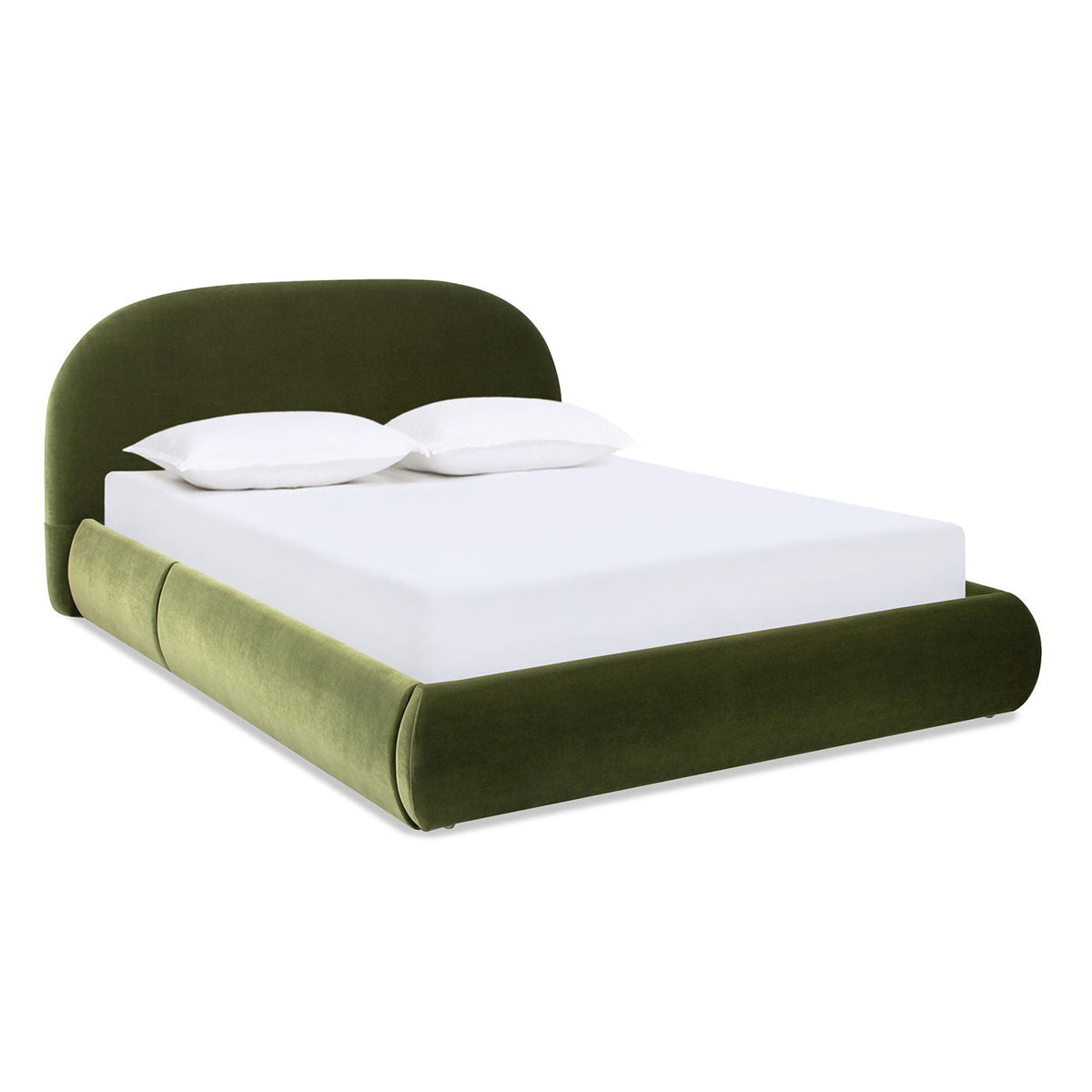 Archie Puffy Grounded Upholstered Platform Bed with Rounded Headboard - Green, White, Beige