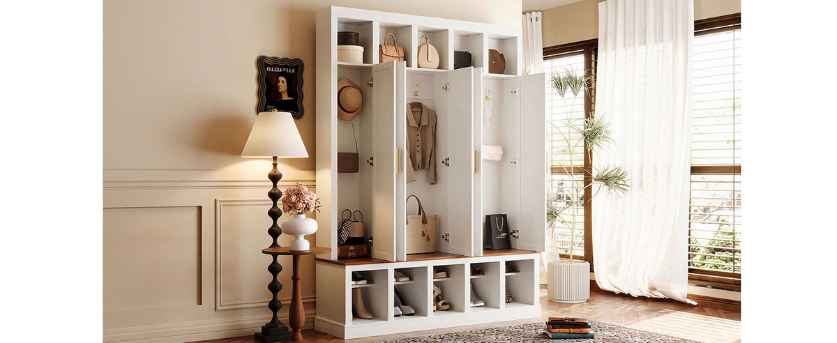 Farmhouse Entryway Storage Cabinet with Shoe Rack & Display Cubbies