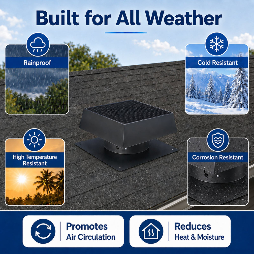 12" Flush Mount Solar Attic Vent with Dual Power Roof Exhaust Fan - Black