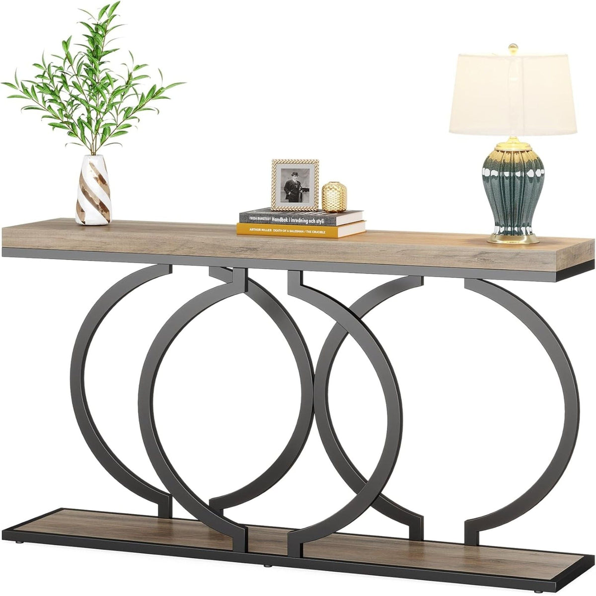 Narrow Long Console Table with Geometric Frame - Gray