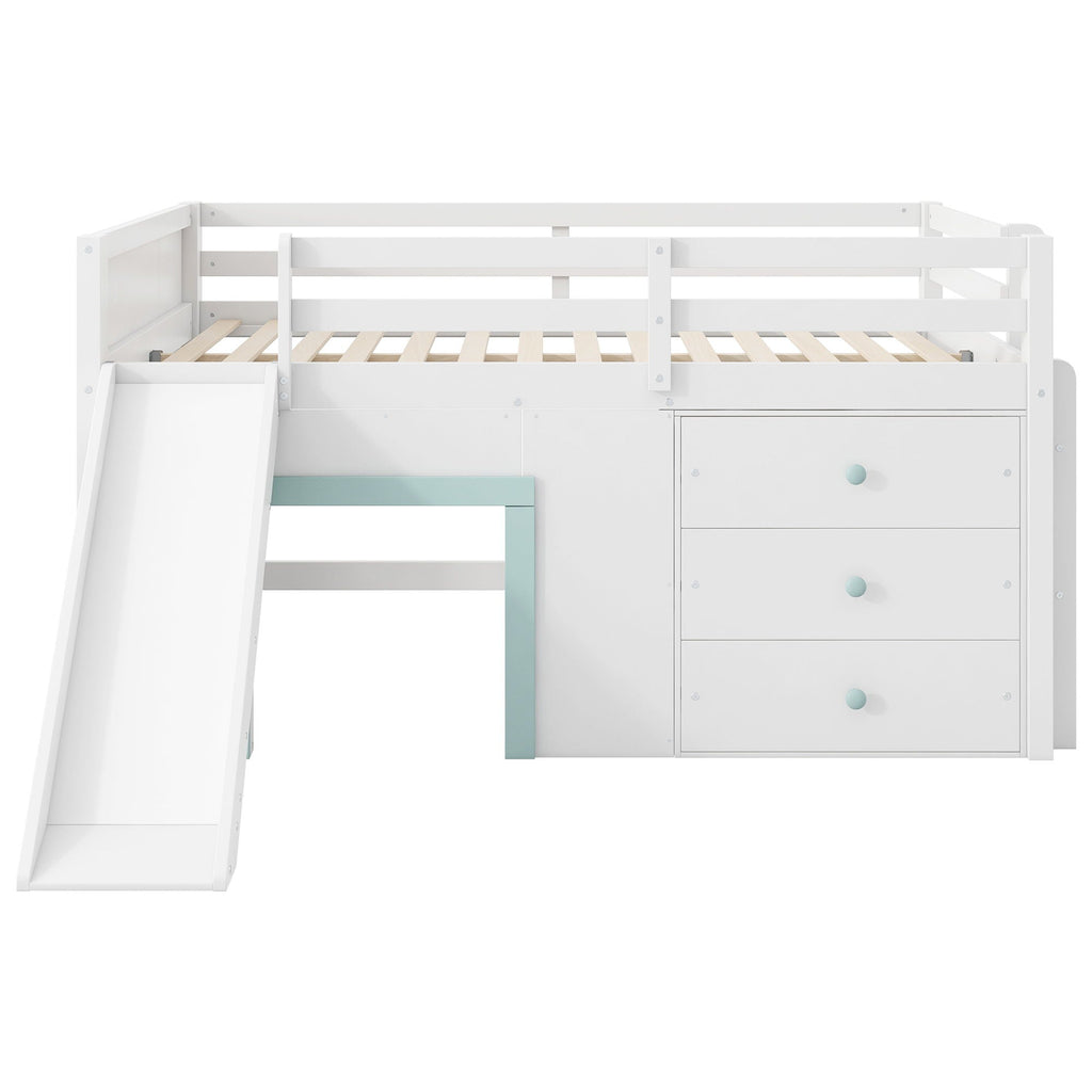 Modern Low Loft Bed with Slide, 3 Storage Drawers and 2 Doors - White