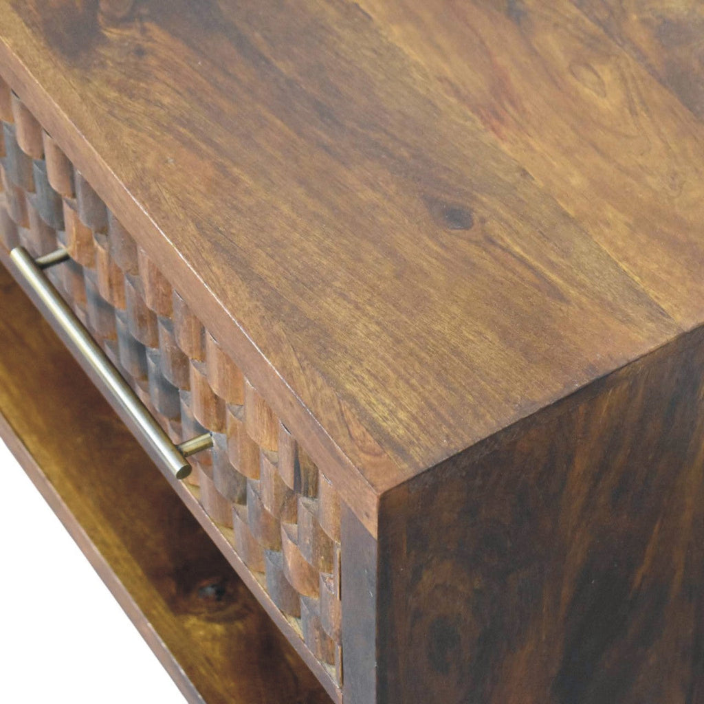 Solid Wood Cadiz Carved Shoe Bench with Open Storage Shelf - Chestnut