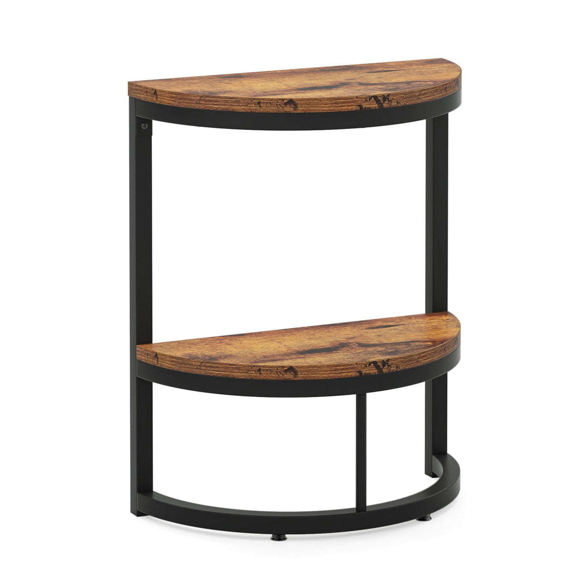 Slim Half Moon 2 Tier Semi Circle End Table with Wide Storage - Rustic Brown