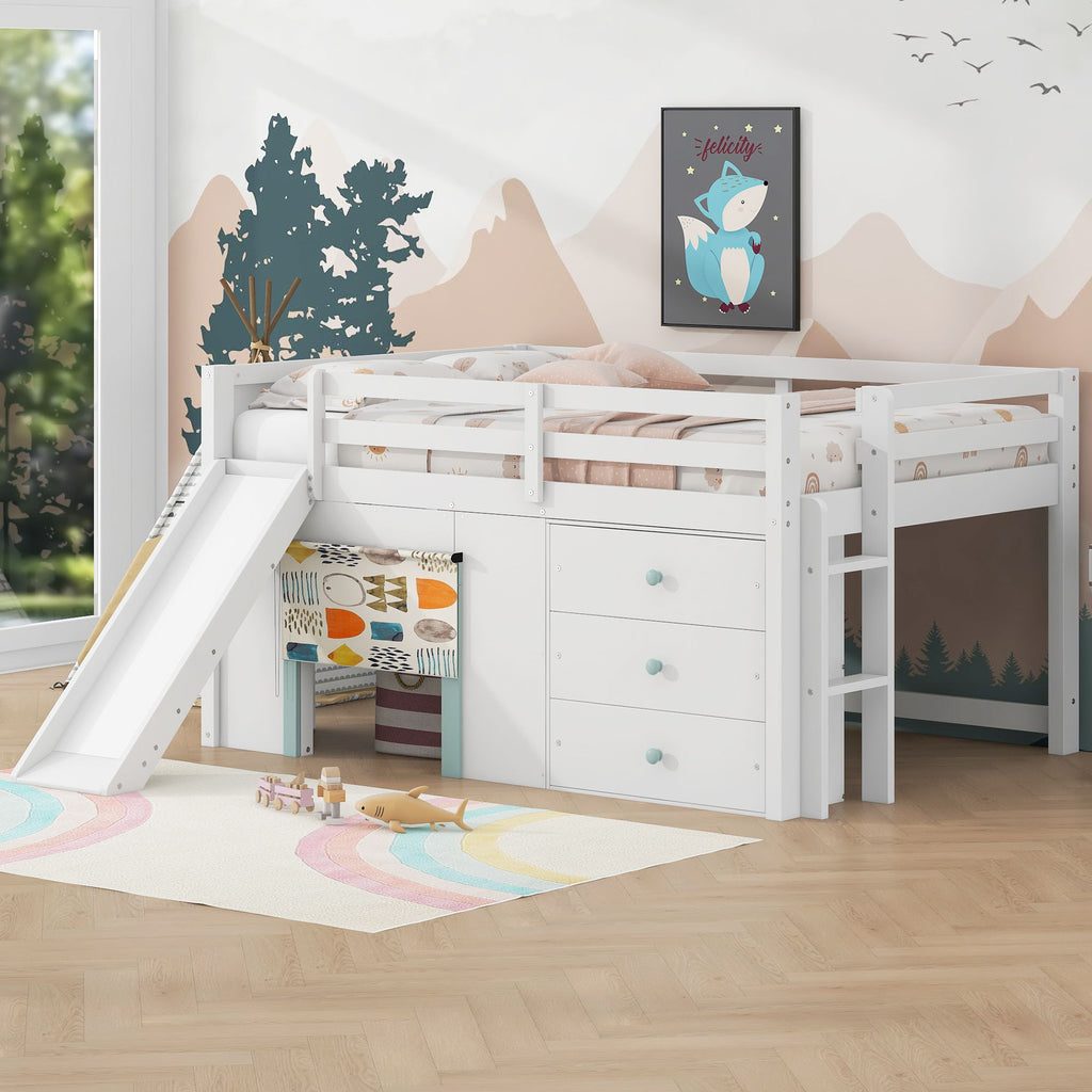 Modern Low Loft Bed with Slide, 3 Storage Drawers and 2 Doors - White