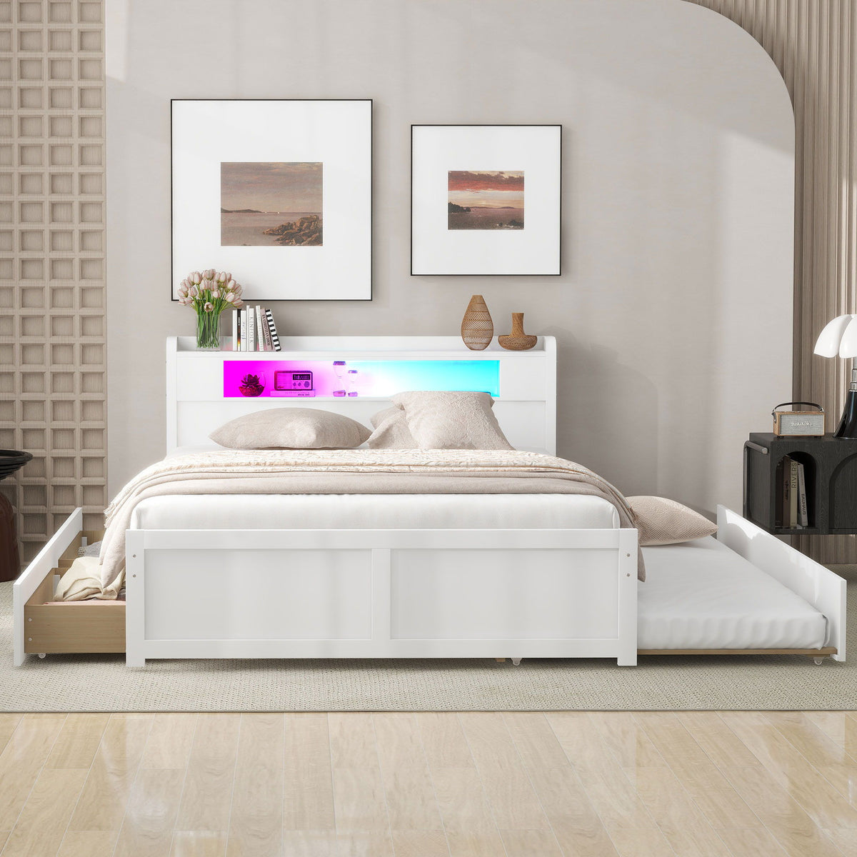 Storage Platform Bed with LED Lights, 2 Drawers and Trundle - Queen