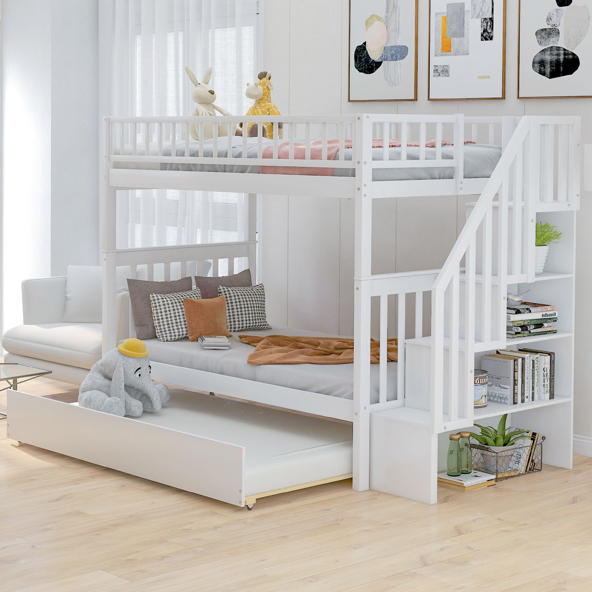 Bunk Bed with Staircase and Storage Options - Dark Gray or White