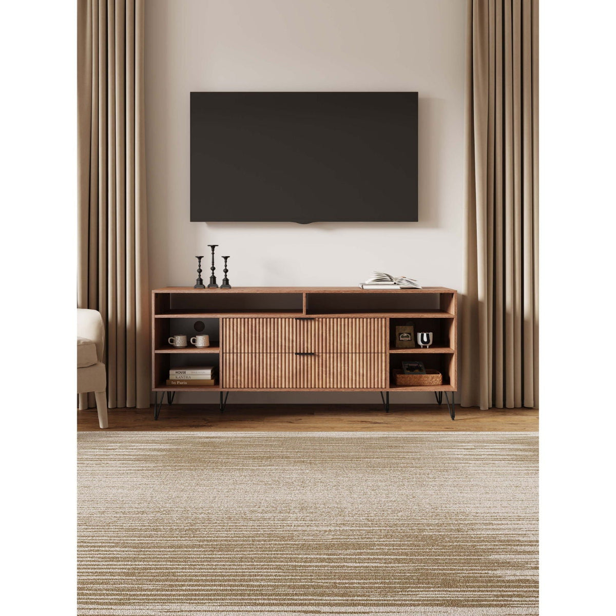 Fluted TV Stand with Storage and Metal Legs - Multiple Colors