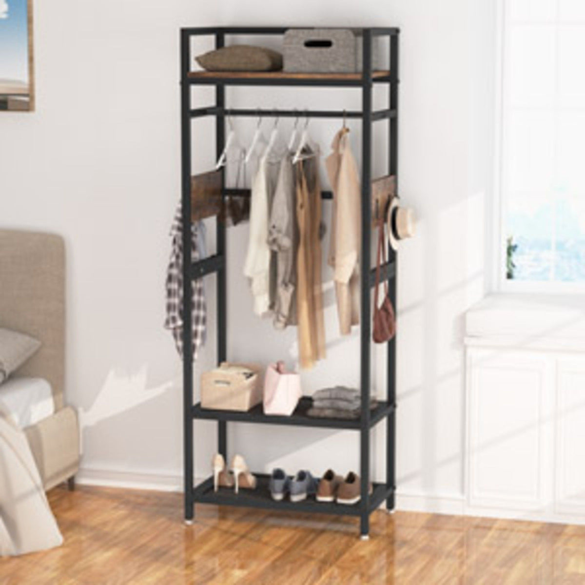 Heavy Duty Freestanding Closet Organizer with Hanging Rod - Brown & Black