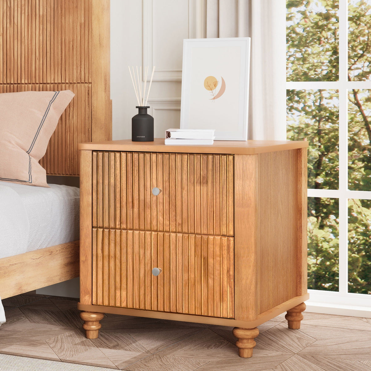 Modern Fluted Nightstand with 3 Drawers - Dark Brown or Light Brown