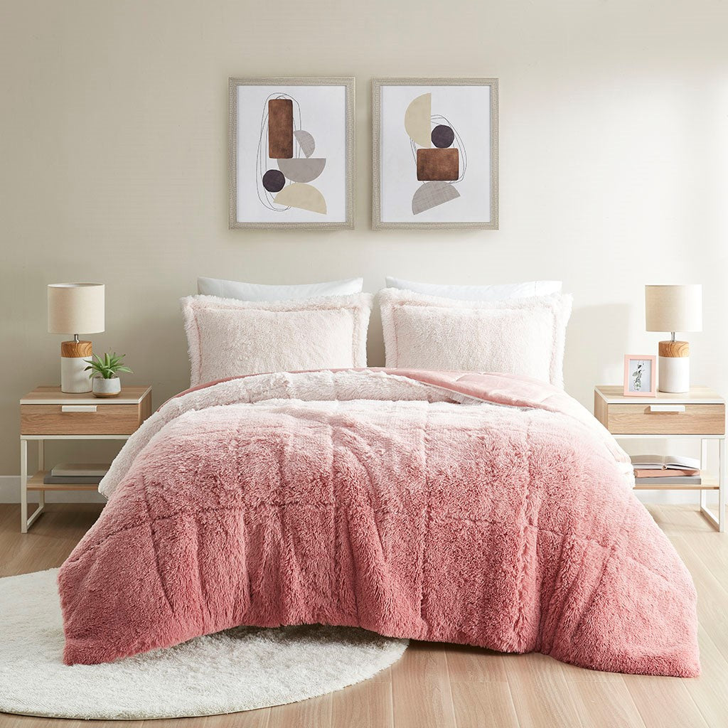 Ombre Shaggy Long Fur Twin/Twin XL Comforter Mini Set with Hypoallergenic Filling - Blush or Grey
