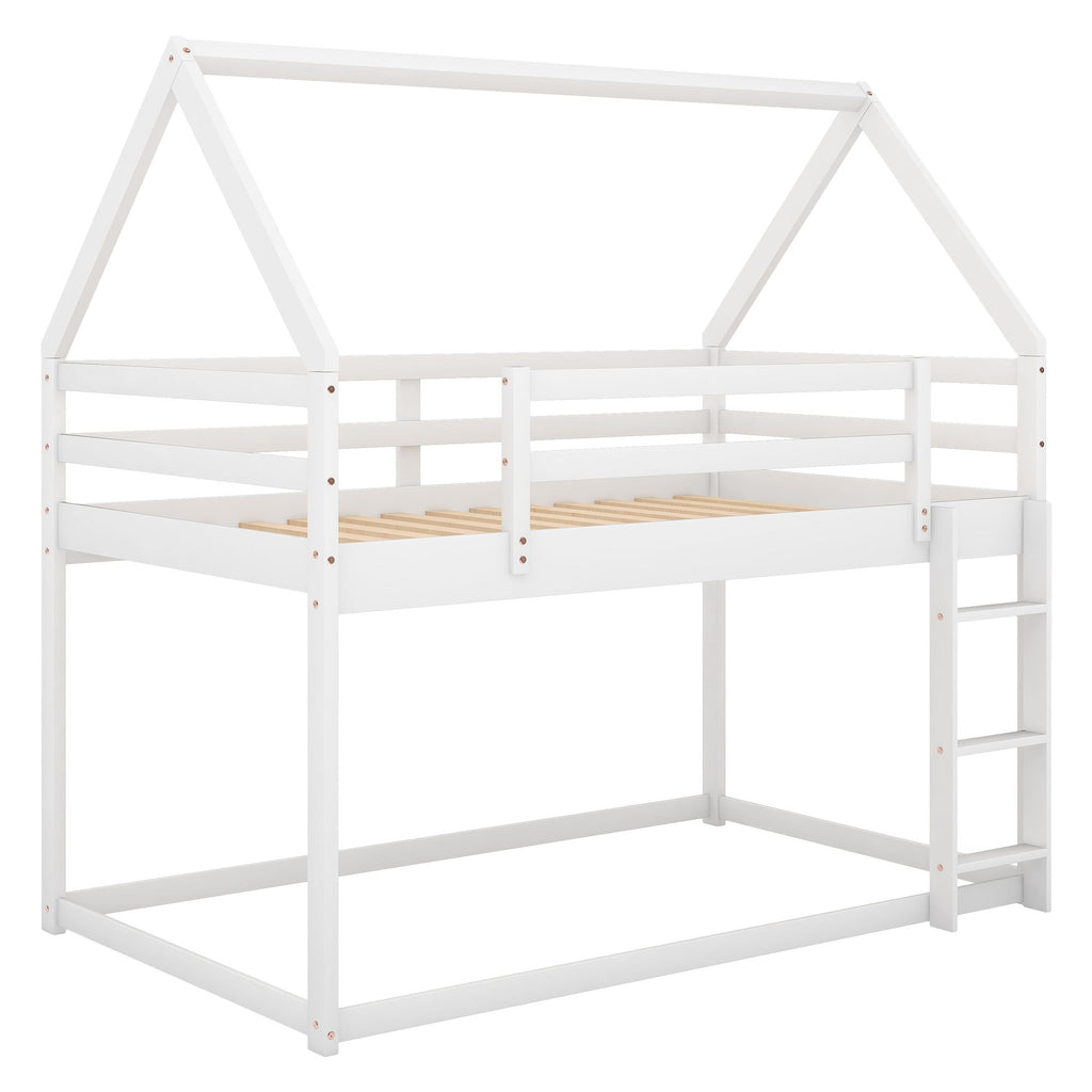 Low Bunk Bed With House Shaped Frame and Ladder - Twin Over Twin