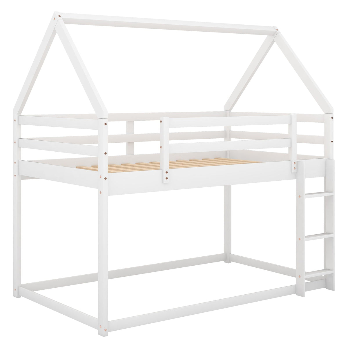 Low Bunk Bed With House Shaped Frame and Ladder - Twin Over Twin