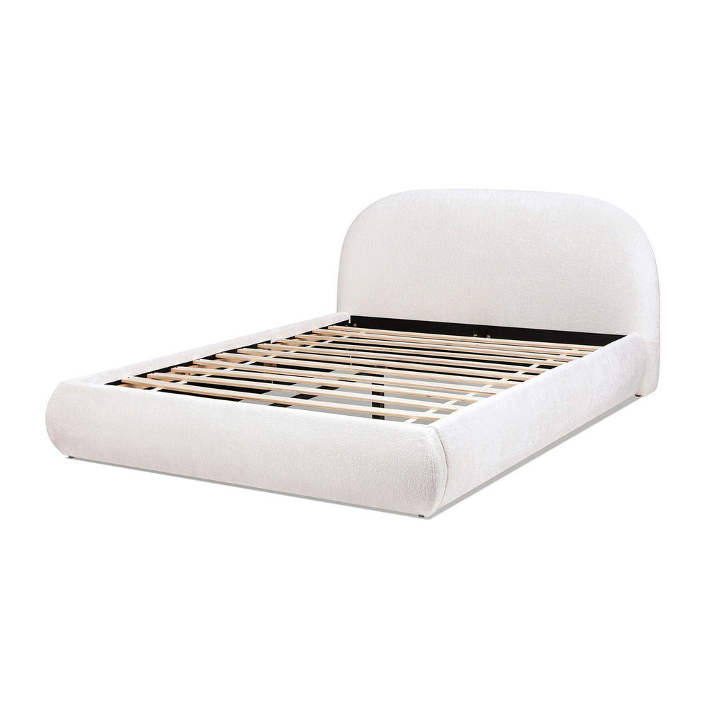 Archie Puffy Grounded Upholstered Platform Bed with Rounded Headboard - Green, White, Beige