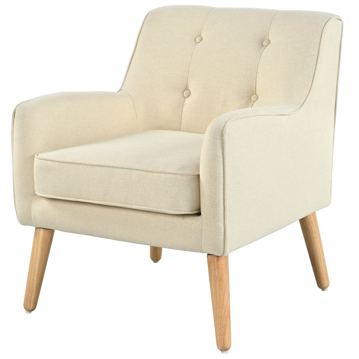 Mid-Century Modern Armchair with Tufted Fabric and Solid Wood Legs - Beige or Blue