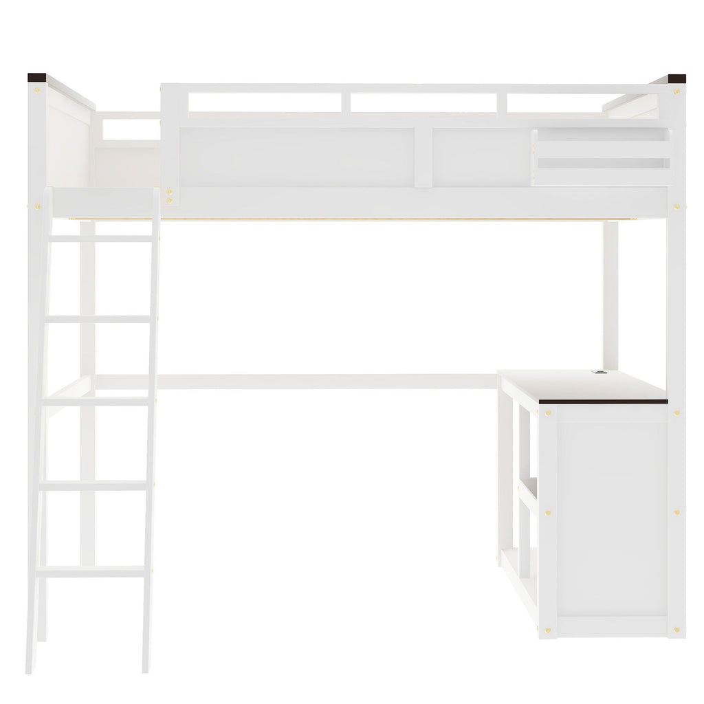 Queen Size Loft Bed with Desk, Storage, and USB Charging Station - White