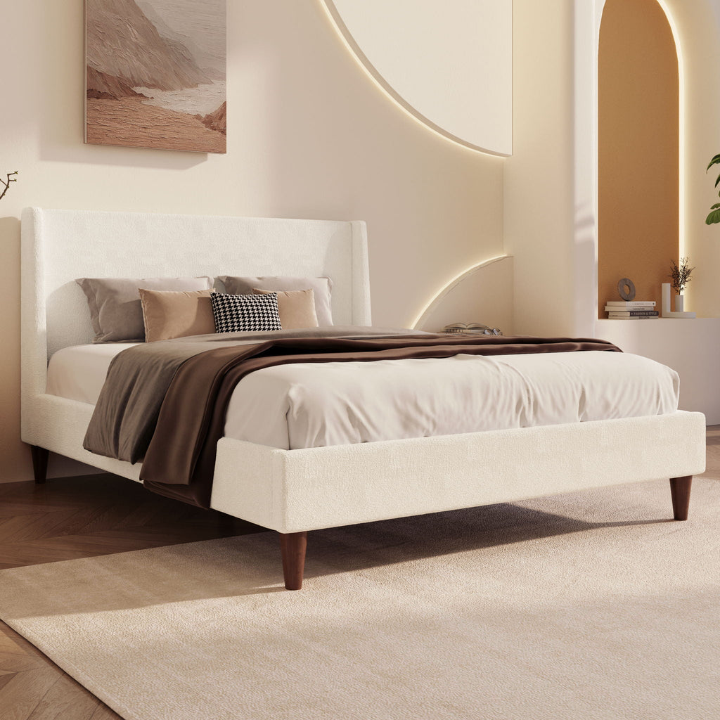 Upholstered Modern Platform Bed with Wingback Headboard - Beige or White