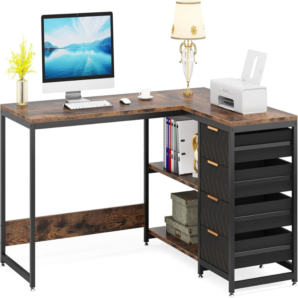L-Shaped Computer Desk with Drawers and Shelves - Black or Dark Brown