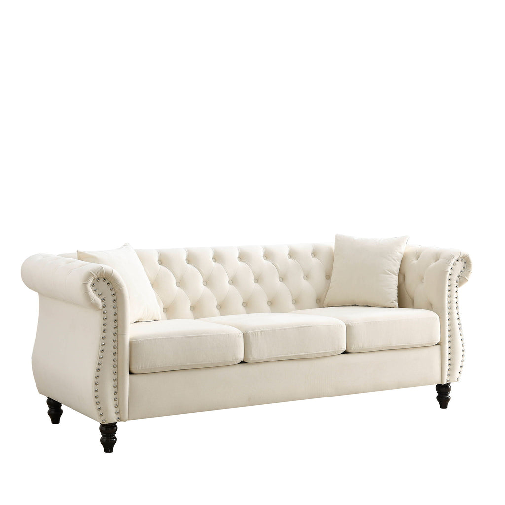 Chesterfield Sofa with Rolled Arms and Nailhead Trim – Solid Wood Frame
