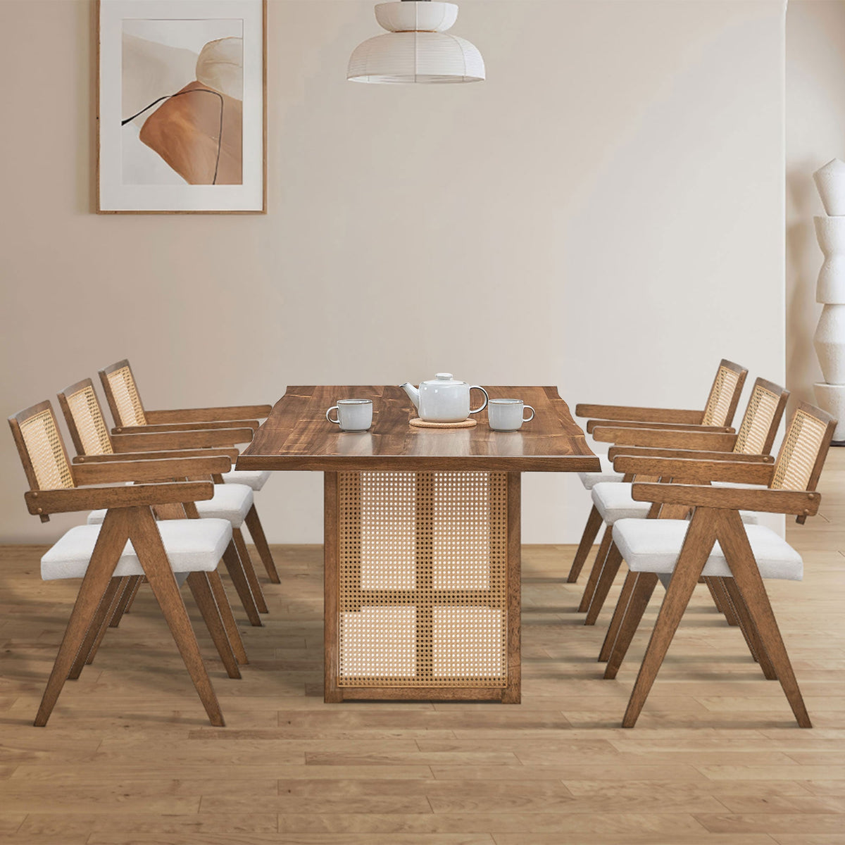 Oversize Rectangular Waves Dining Table with Rattan Weave - Natural Finish