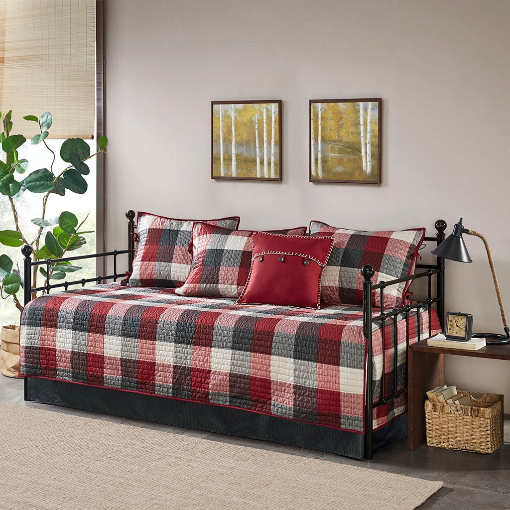 6 Piece Reversible Plaid Daybed Cover Set with Reversible Herringbone Design - Plaid