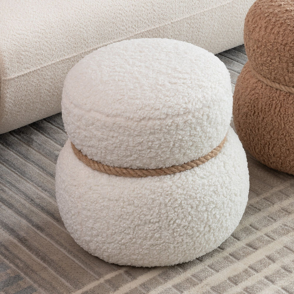 Snowman Stool Ottoman with Lamb Wool Cushion and Solid Wood Frame - White, Light Brown, Dark Green