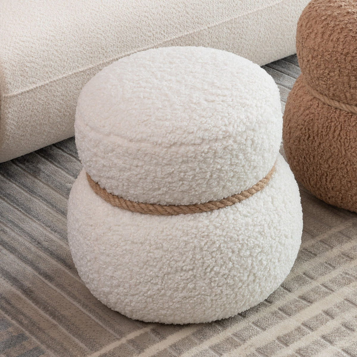 Snowman Stool Ottoman with Lamb Wool Cushion and Solid Wood Frame - White, Light Brown, Dark Green