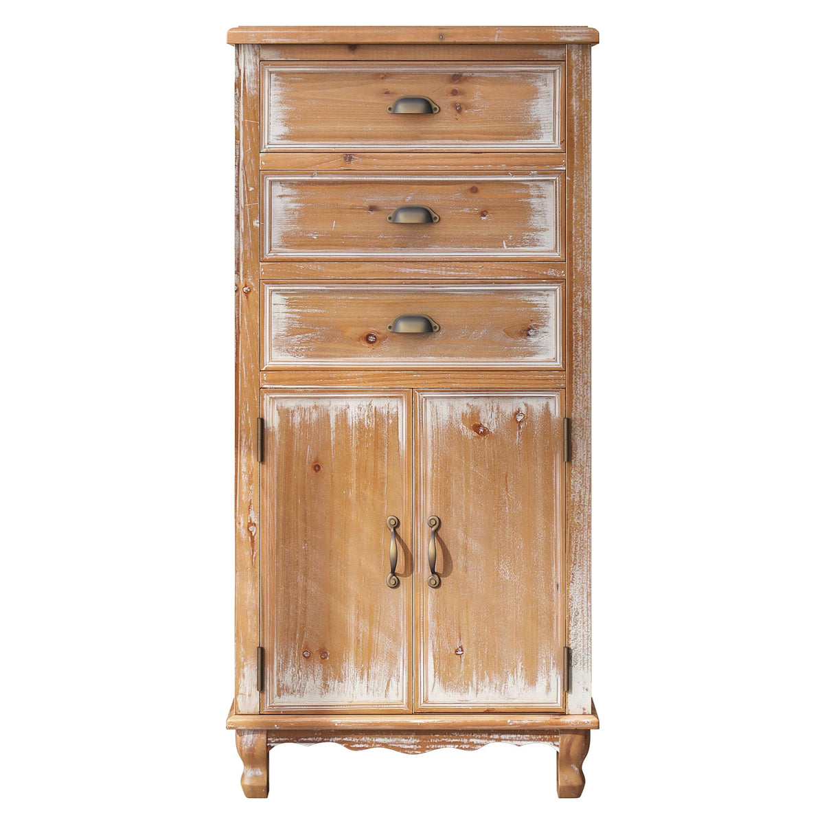 Rustic Wooden Storage Cabinet with Decorative Cutout Door & 3 Drawers - Distressed Wood