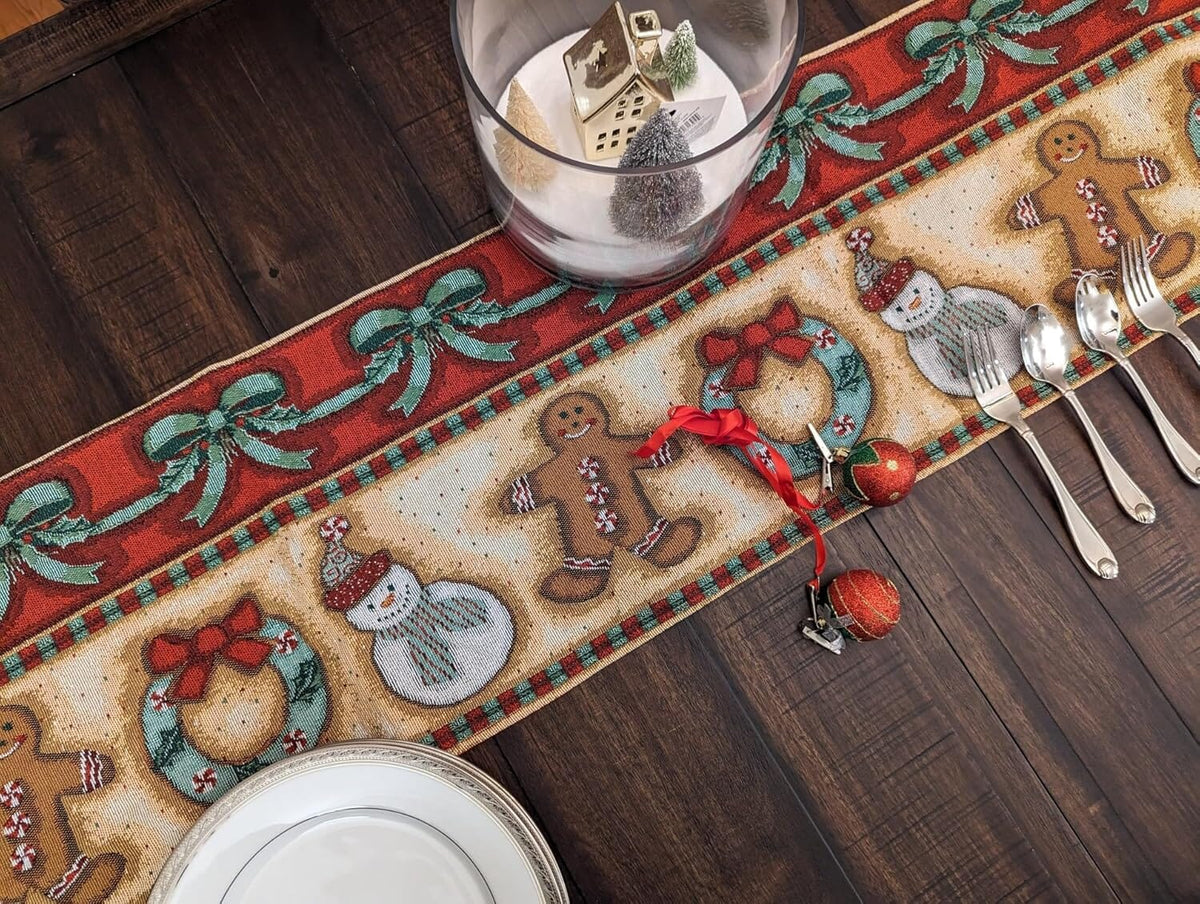 DaDa Bedding Gingerbread Snowman Holiday Woven Tapestry Dining Table Runner (12917)
