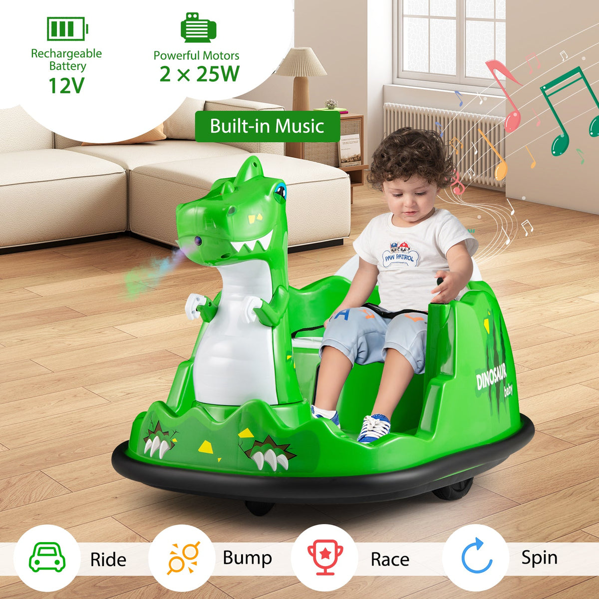 12V Bumper Car with Spray Function and Remote Control for Toddlers Aged 2-5-Green