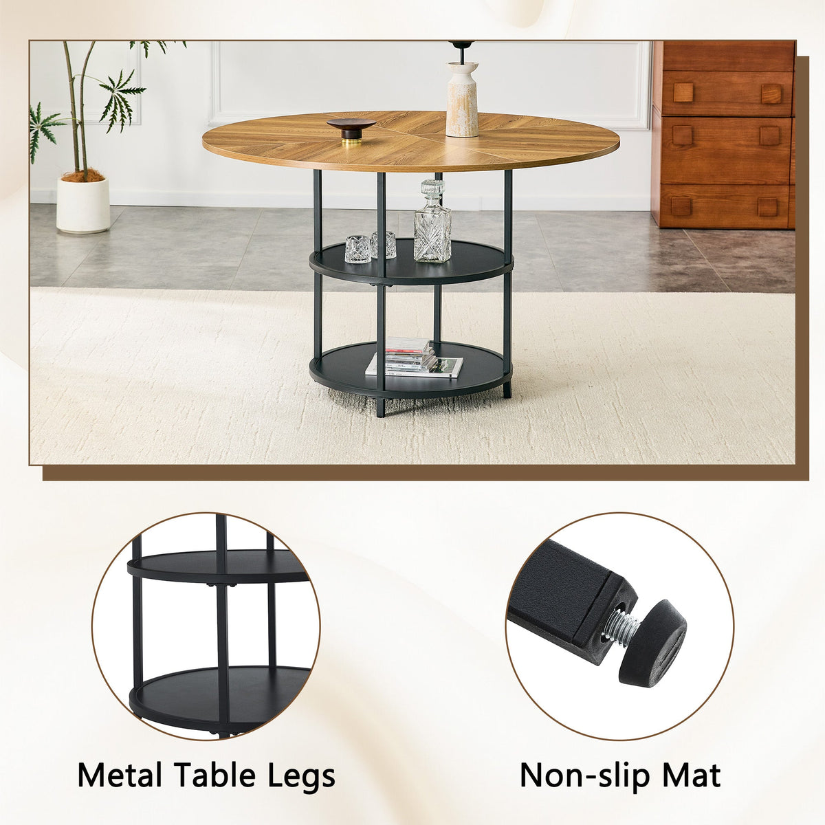 47.3-Inch Diameter Modern Circular Dining Table with Double-Layer Storage - Black, Wood