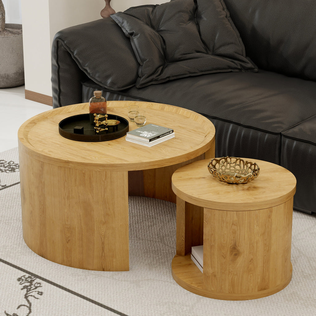 Modern Round Nesting Coffee Table Set of 2 with Wood Tops