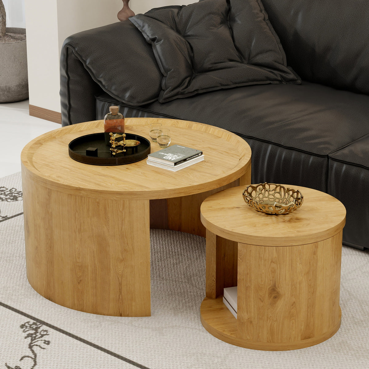 Modern Round Nesting Coffee Table Set of 2 with Wood Tops
