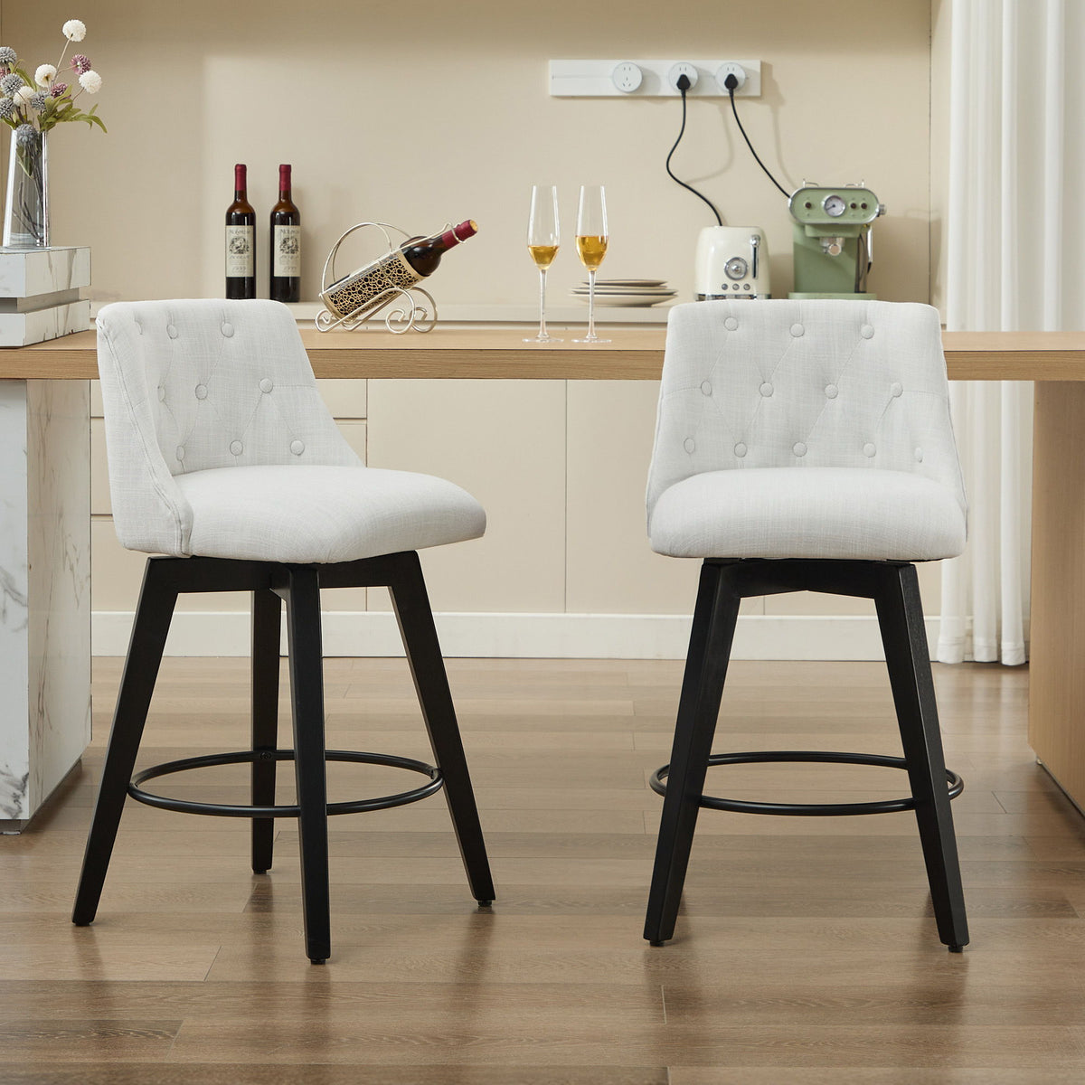 Swivel Bar Stools with Button Tufted Back - White