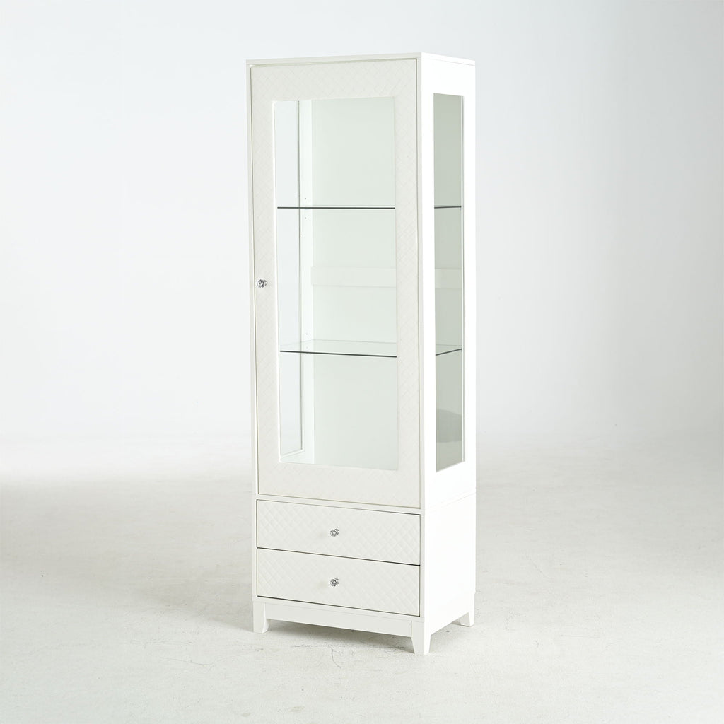 Modern Upholstered Glass Display Cabinet with Adjustable LED Light - White
