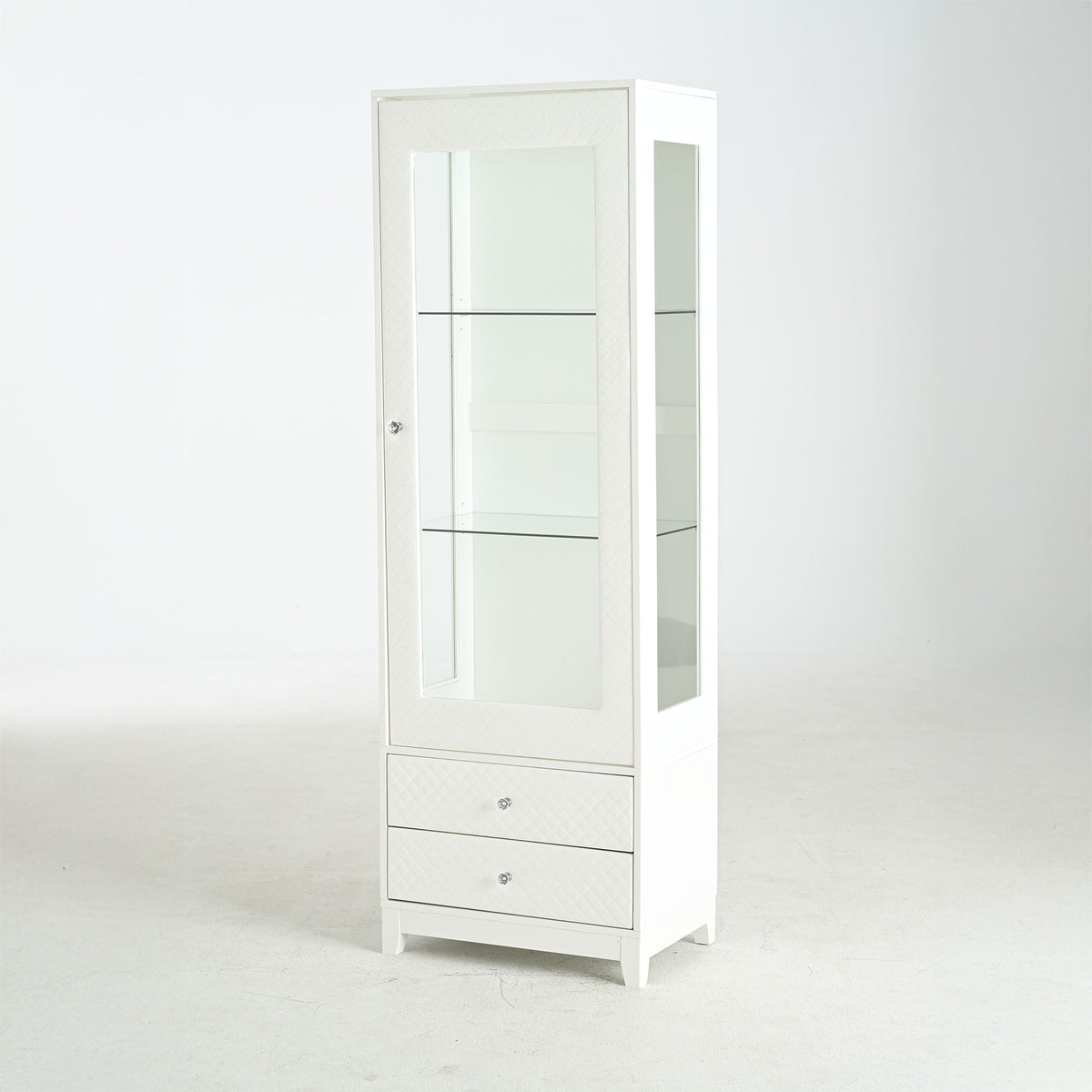 Modern Upholstered Glass Display Cabinet with Adjustable LED Light - White