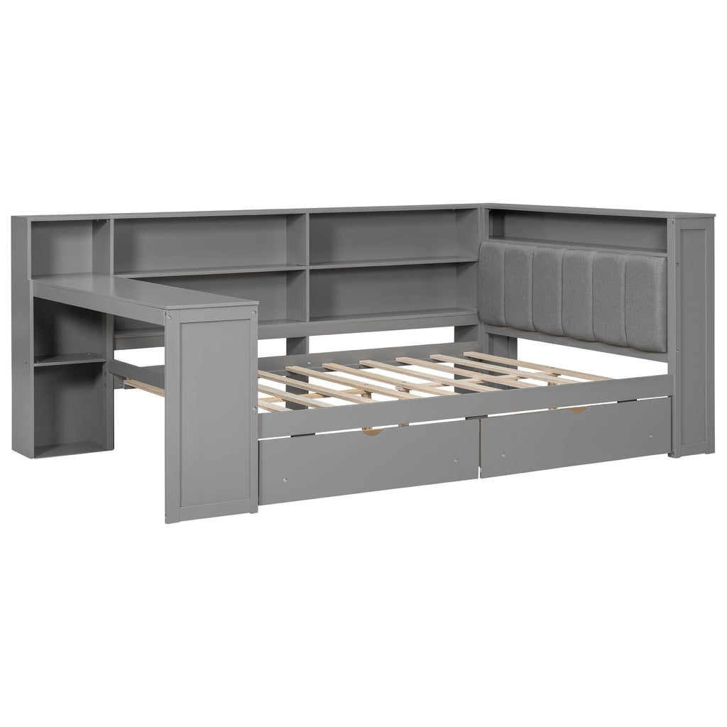 Platform Storage Bed with Shelves, Desk, Charging Station & LED - Full Size