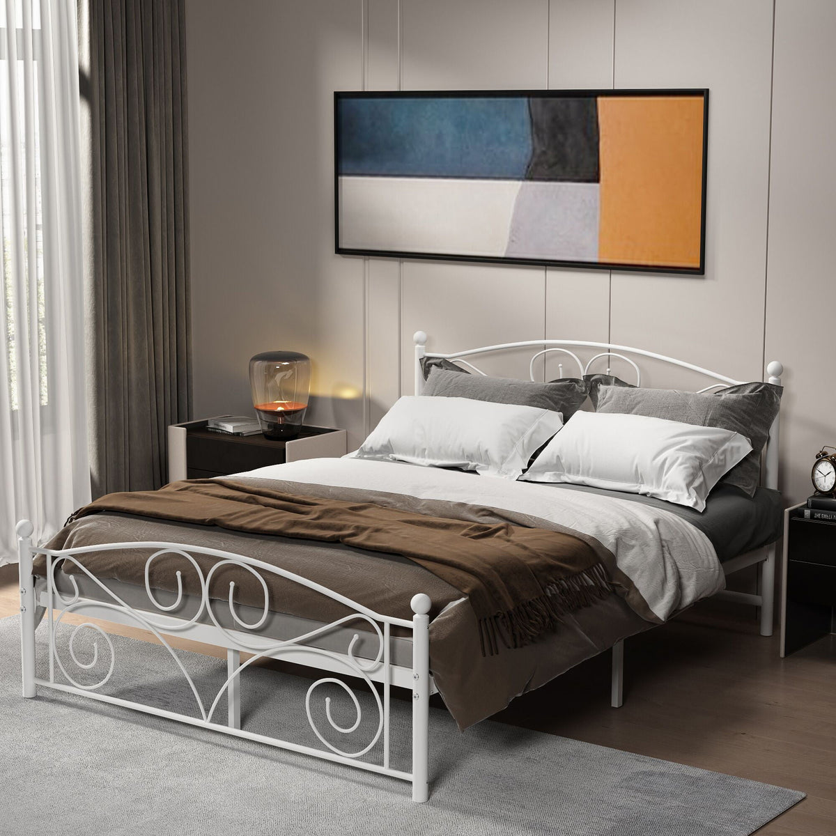 Unique Flower Sturdy System Metal Bed Frame with Headboard and Footboard - White