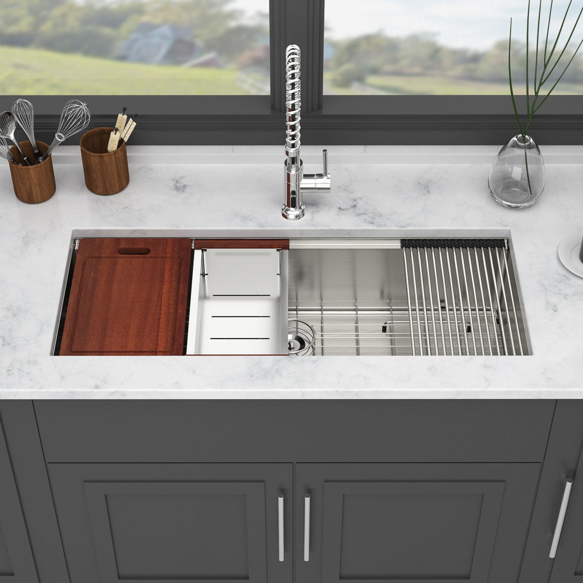Gray Stainless Steel Undermount Workstation Kitchen Sink with Soundproofing - Single Bowl