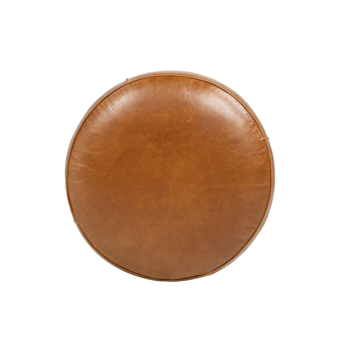 Brown Leather Round Ottoman Stool with Brass Base
