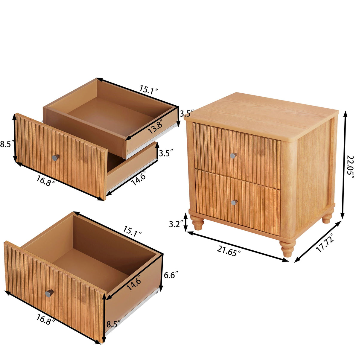 Modern Fluted Nightstand with 3 Drawers - Dark Brown or Light Brown